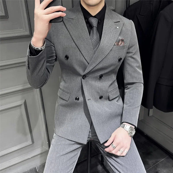 Men's Luxury Double-Breasted Suit Set (Jacket, Vest & Pants) - Stretch Fabric Business Casual Blazer with Extended Sizes S-7XL