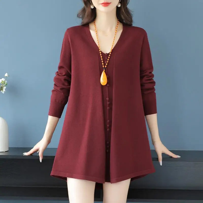 Loose Vintage Pullover Sweater Spring Autumn Knit Women's Clothing V Neck Long Sleeve Tops Middle Aged Mother Knitwear Jumper
