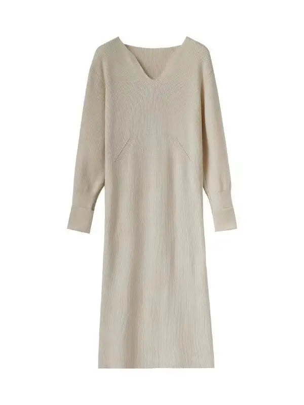 Fashion Knitting Woman Clothes Slim Middle-long Sweater Dress Bottom Wear Autumn Winter V Neck Long Sleeve Pullovers Jumper
