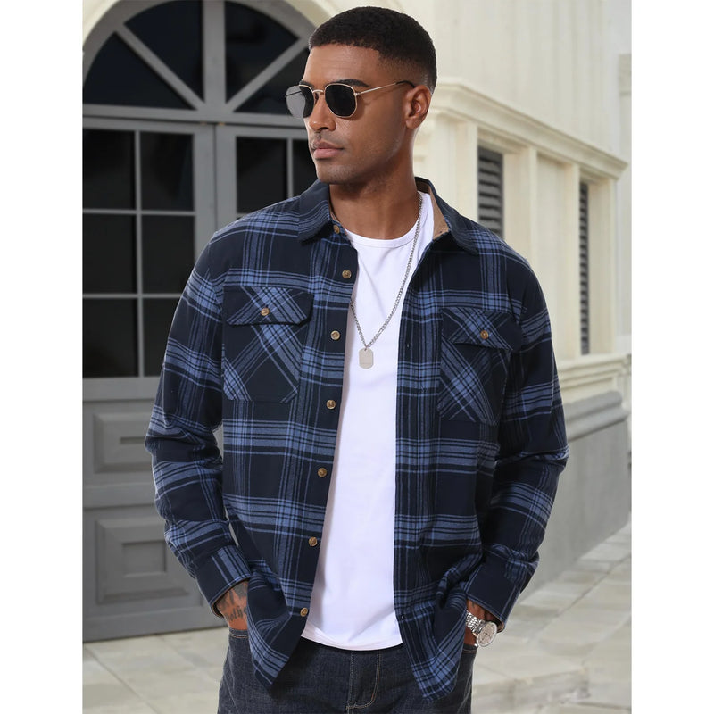 TACVASEN Casual Cotton Plaid Flannel Shirts Mens Button Up Long Sleeve Shirts 2 Chest Pocket Shirt Jacket Lightweight Coat Male
