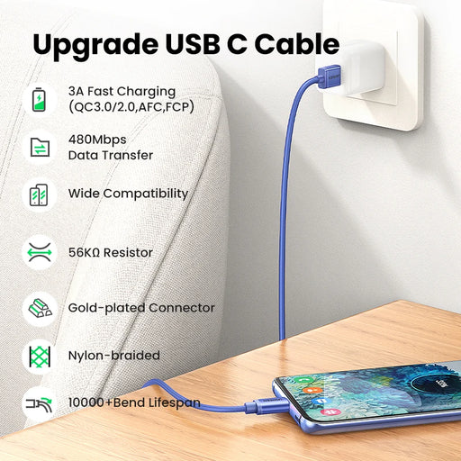 【New-in Sale】UGREEN USB Cable 3A USB C Cable for Samsung S21 Xiaomi Type C Charging Cable Phone Accessories USB Type C Cord