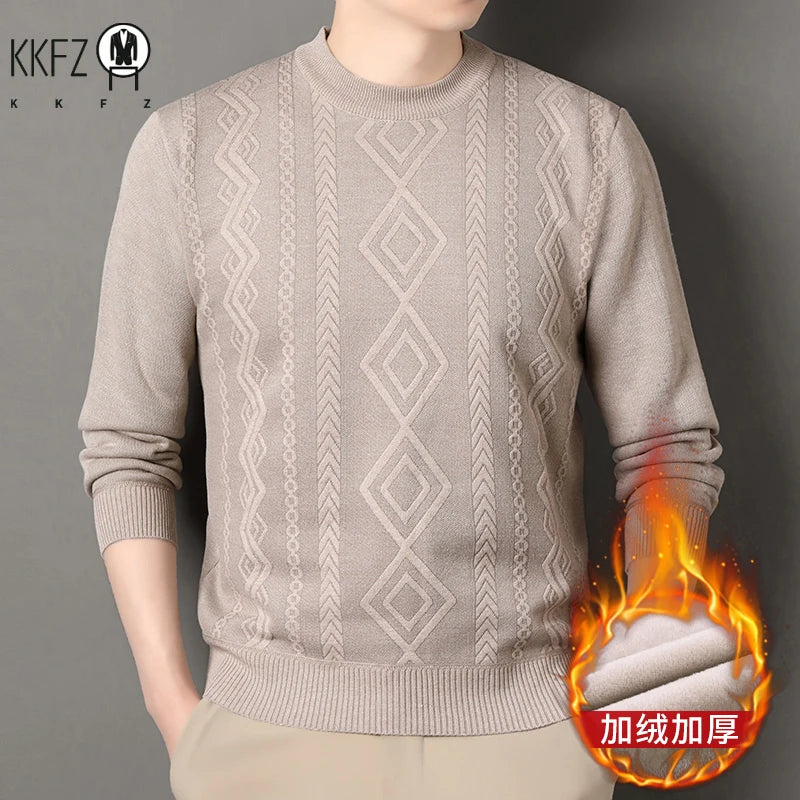 Jacquard Pattern Male Warm Sweater Full Fleece Lining Elastic Hem Crew Neck Office Semi Formal Long Sleeve Pullover