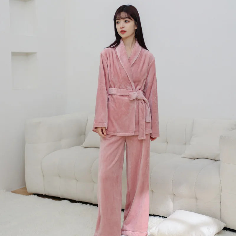 Autumn Winter Plush Thick Pajamas For Women Warm Flannel Ladies Home Wear Clothes Long Sleeved Pyjama Set Pijama Mujer Invierno