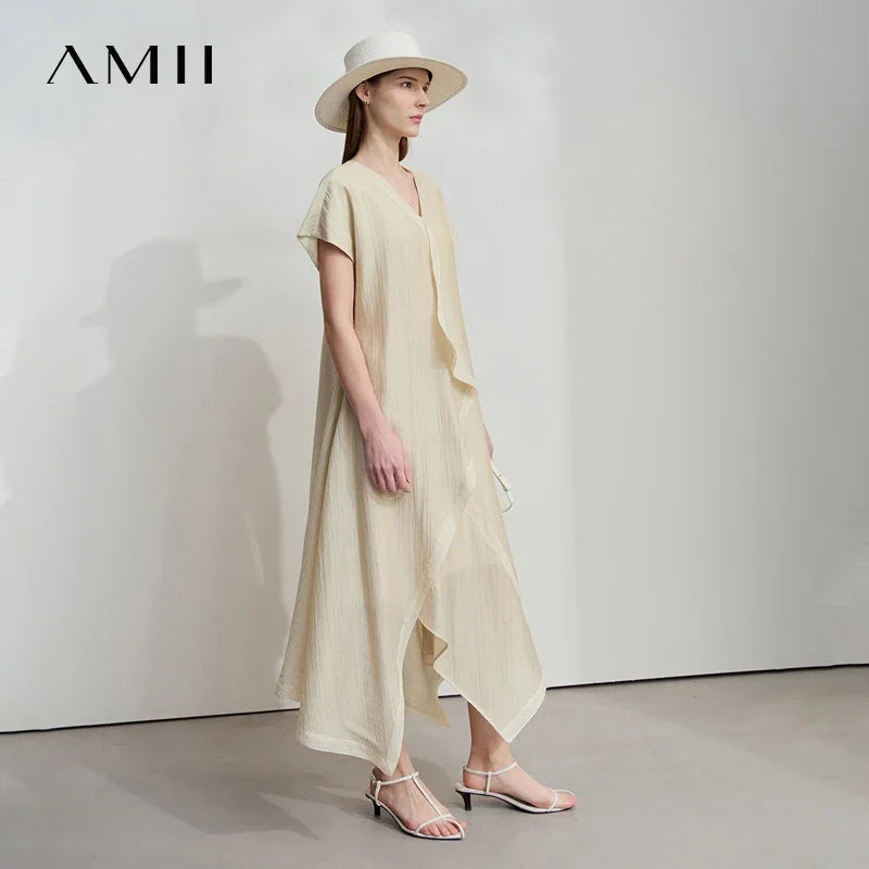 Amii Minimalist Women's Short Sleeved Dress 2026 Summer New Solid Irregular Loose Elegant H Shaped Commute Long Dress 12541134