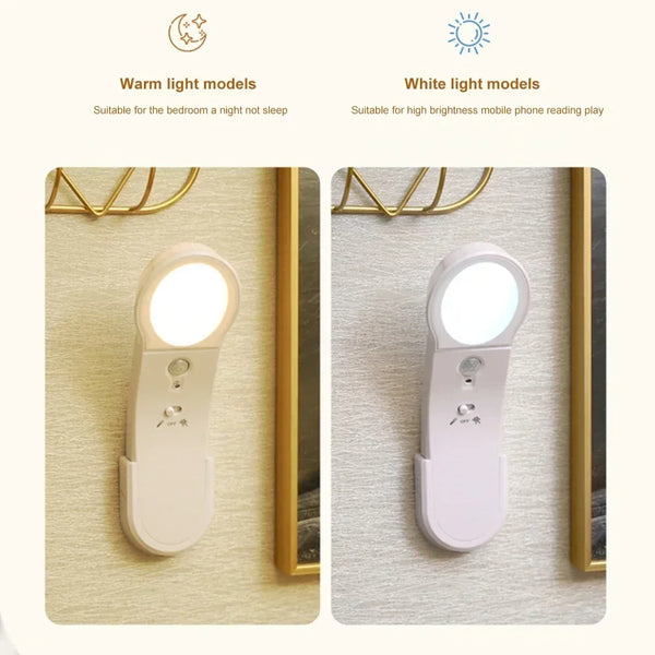 ភ្លើងពេលយប់ LED ដែលអាចសាកបានដោយ USB ឧបករណ៍ចាប់សញ្ញា PIR ចង្កៀងជញ្ជាំង COB ភ្លើងស្វែងរកចល័ត ភ្លើងបំភ្លឺក្នុងផ្ទះ ថ្ម AAA 3* ភ្លើងអាចបង្វិលបាន