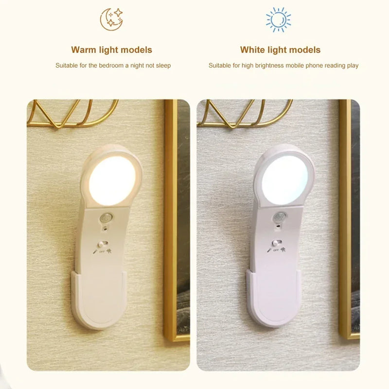 ភ្លើងពេលយប់ LED ដែលអាចសាកបានដោយ USB ឧបករណ៍ចាប់សញ្ញា PIR ចង្កៀងជញ្ជាំង COB ភ្លើងស្វែងរកចល័ត ភ្លើងបំភ្លឺក្នុងផ្ទះ ថ្ម AAA 3* ភ្លើងអាចបង្វិលបាន