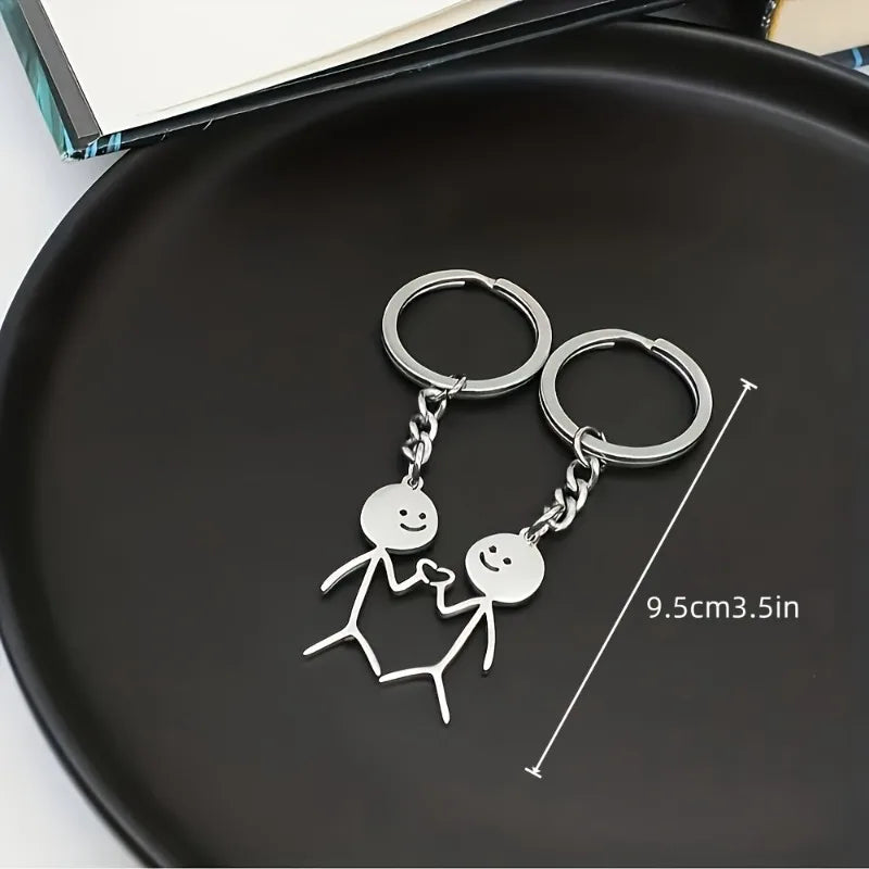 2pcs Stickman Matching Heart Keychain For Men, Cute Alloy Key Chain, Ring Purse Bag Backpack Pendant Decoration.