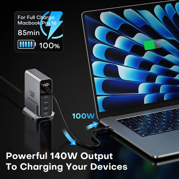 ឆ្នាំងសាក USB GaN 140W 5 រន្ធ ប្រភេទ C PD3.0 QC Quick Charge 4.0 3.0 PPS USB C ឆ្នាំងសាកលឿនសម្រាប់ iPhone 14 13 Samsung Macbook ថេប្លេត