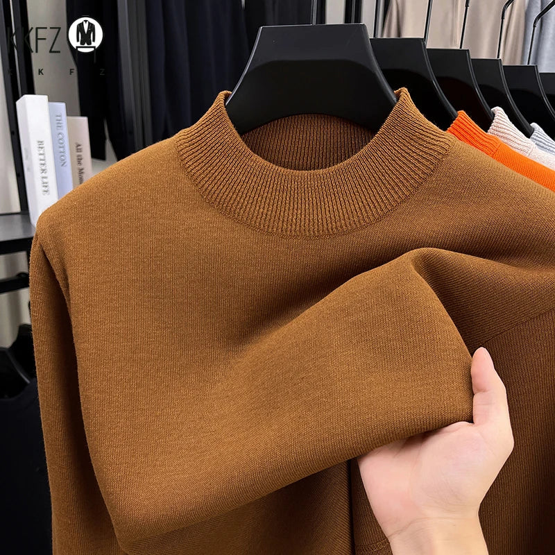 Soft Knitted Half High Neck Sweater Men Full Fleece Lined Thermal Pullover Breathable Long Sleeve Outfit For Fall Winter
