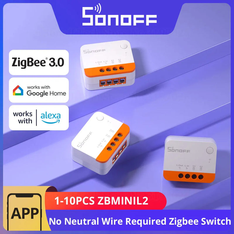 1-10PCS SONOFF ZBMINIL2 Zigbee 3.0 No Neutral Wire Needed Smart Switch Tiny Size Two-Way Control via EWeLink Google Alexa Alice