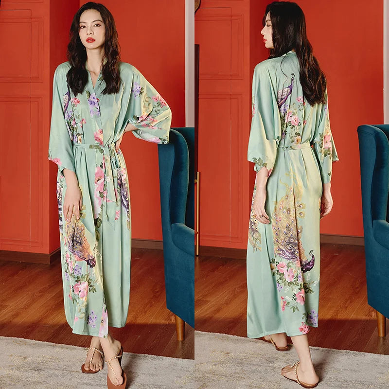 Women Ice Silk Rayon Home Dress Black Print Flower Long Robe Nightgown Spring Summer Half Sleeve Kimono Bathrobe Gown