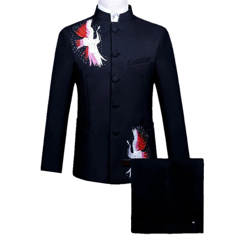 Men's Black Two-Piece Suit Set: a Slim-fit Embroidered Jacket for Weddings and Parties, Paired with Slacks; Asian Sizes.