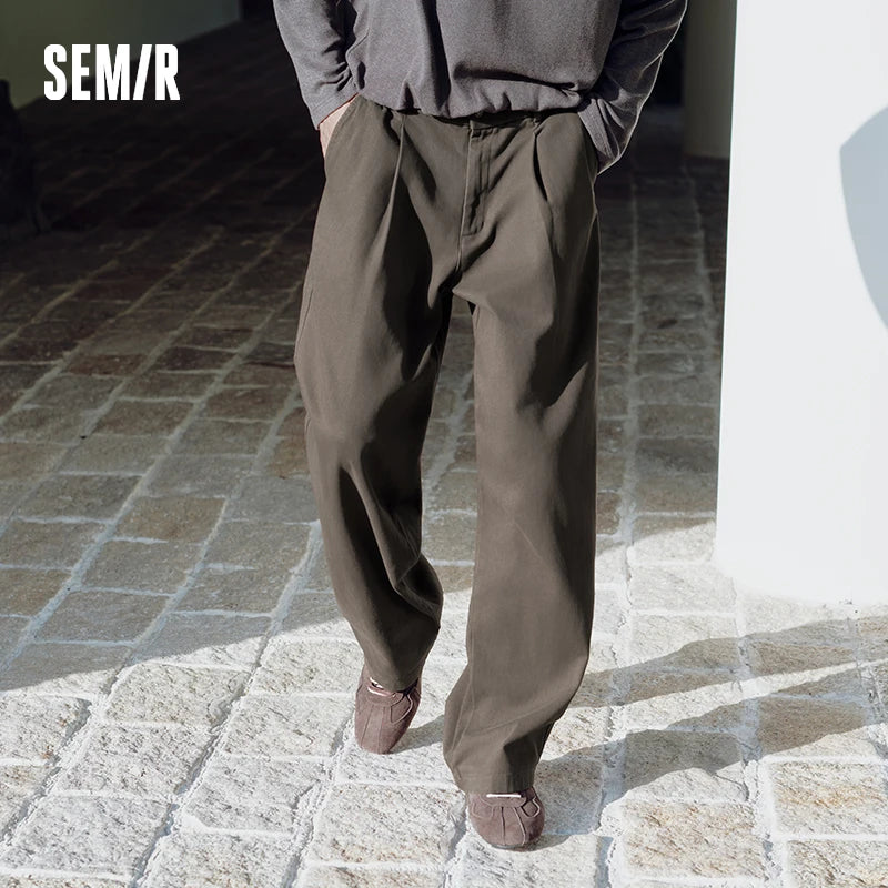 Semir Men Casual Pants Partial Elastic Waist Brushed Fabric Loose Fit Straight Leg Commuter Style Versatile 2026 New