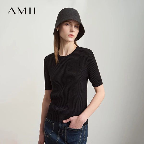 អាវយឺត AMII Minimalism Office Lady ឆ្នាំ ២០២៦ រដូវក្តៅសម្រាប់ស្ត្រី អាវយឺតដៃខ្លី O-Neck ម៉ូតស្តើង អាវយឺតប៉ាក់ទាន់សម័យ 12552057