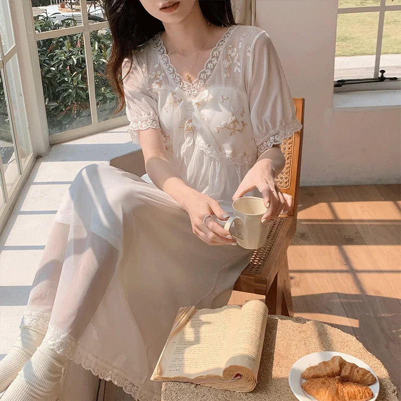 Lace Modal Mesh Summer Night Dress Woman Court Princess Nightdress Loungewear Sleepwear Women's Nightgowns Homewear Nightwear