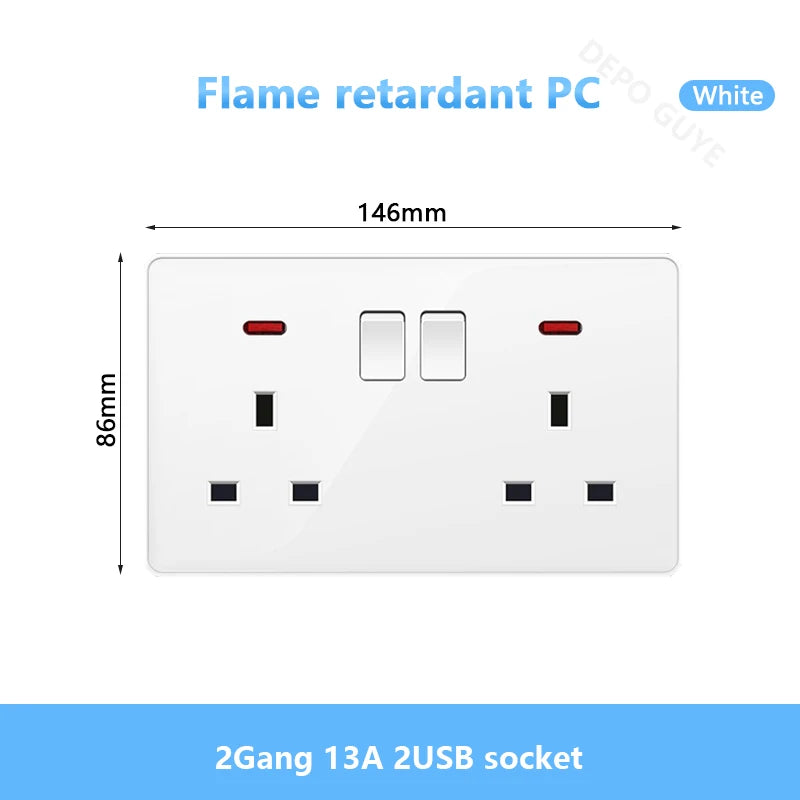 White UK Standard 13A USB Wall Socket Panel,Universal 18W Type-c Quick Charge Socket Plug,Wall Light Switch Electrical outlet