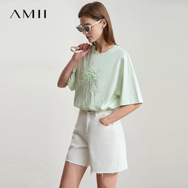 Amii Minimalist Casual Light Luxury T-shirt Women 2026 Summer New Loose O-neck Marine Embroidery Beaded Cool Tees Tops 12542148