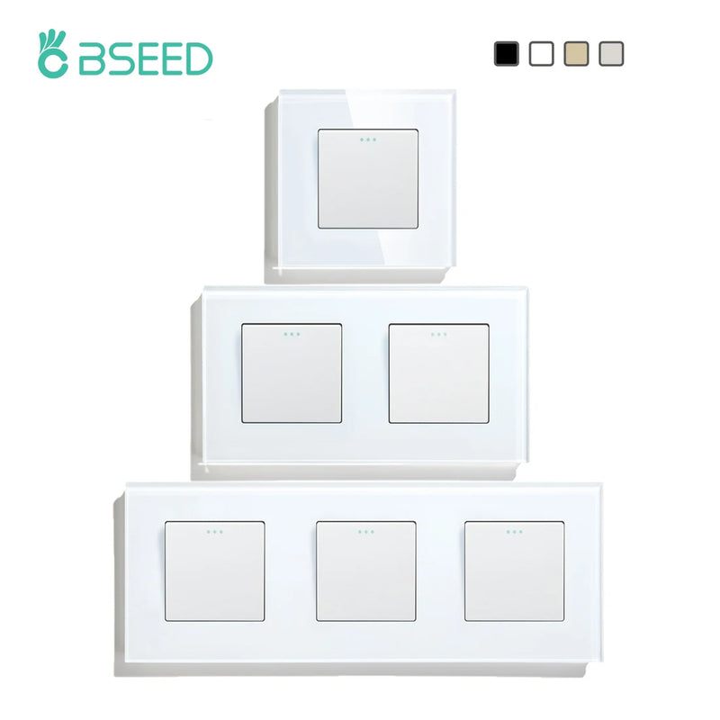 BSEED Mechanical Wall Light Switch Double Button Switch 1Gang 1Way With Glass Frame Triple Power Switch 250v White Black