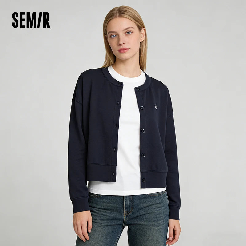 Semir Layered Jacket Women 2026 Spring Short Crew Neck Striped Spliced Loose Drop Shoulder Embroidered Casual Fashion Top