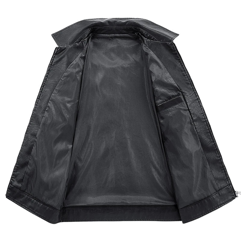2026 Autumn/Winter Men's Fashionable Leather Jacket, Slim Fit, Lapel Collar, Zipper Front, Casual Style