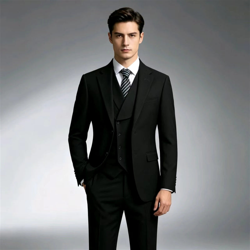 2027 New Men's Three-Piece Suit Set; Asian Sizes, Slim Fit, Available in Black and Burgundy. Business Wedding Party Attire.
