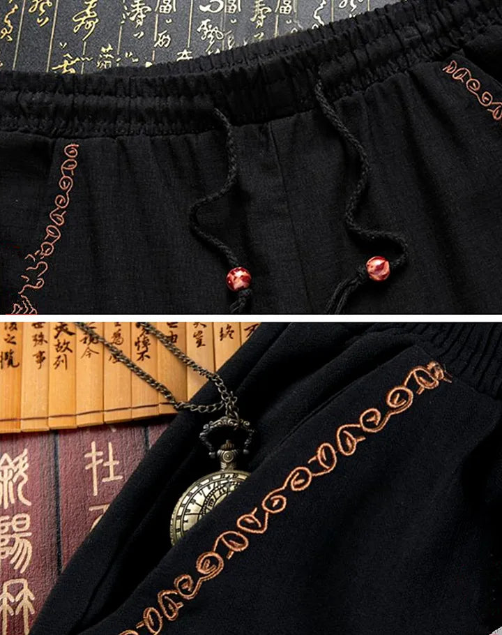 Chinese-style Men's Two-piece Set: Red Jacquard Jacket Paired with Black Embroidered Pants (available in A Thicker Version)