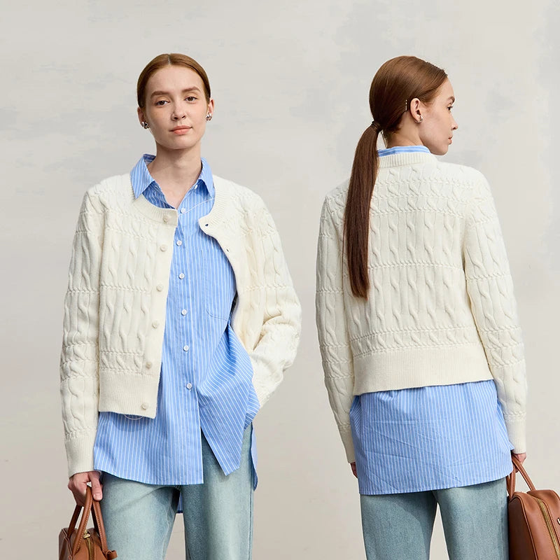 AMII Women 2026 Winter New Casual Cardigans Round Neck Straight Cardigan for Lady Vintage Elegant Short Knitted Top 12544197