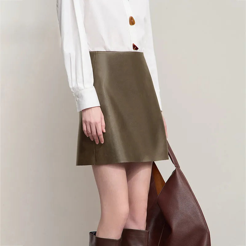 AMII Mini Skirt 2026 Autumn New Modern Retro Clothing Ladies Solid Versatile A-shaped PU Leather Short Skirts For Woman 12513022