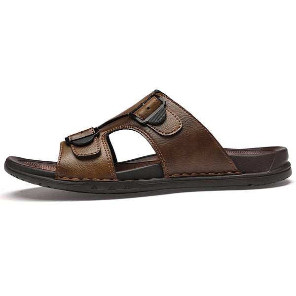 Summer Mens Leather Slippers Men Adjustable Slides Casual Sandals Brown Black Comfortable
