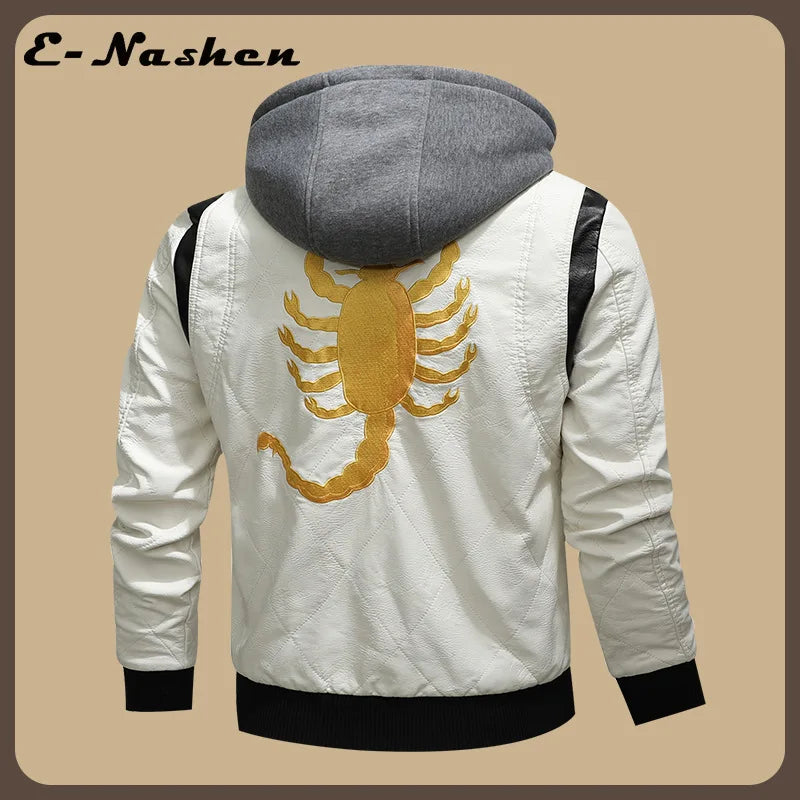 European and American-style Men's White Faux Leather Jacket; Black Hooded PU Motorcycle Coat with A Detachable Hood.