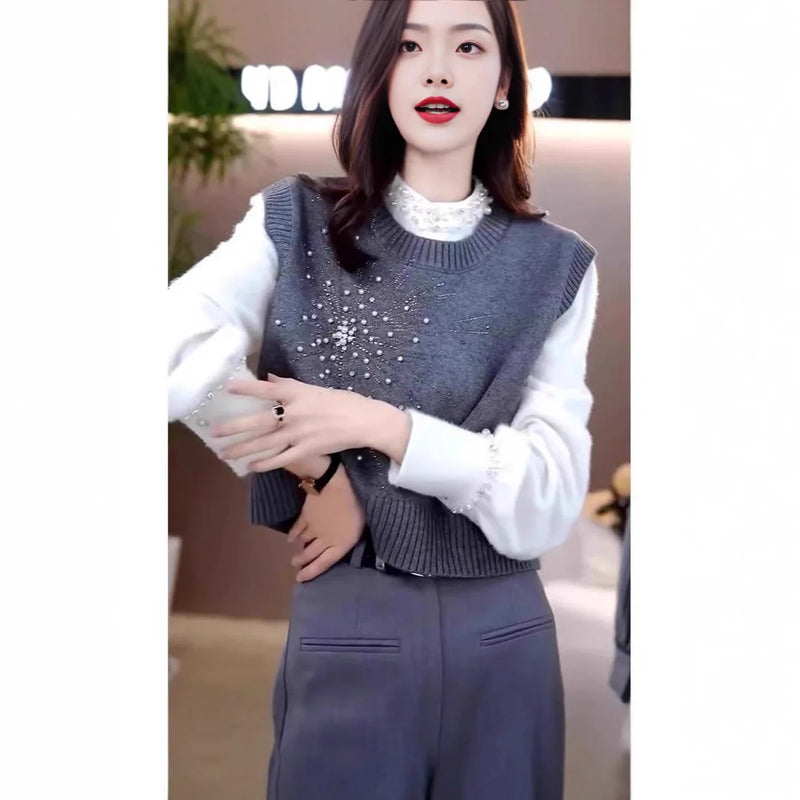 Bead Heavy Industry Crew Neck Outer Wear Vest Stacked Knitted Sweater Casual Chic Top Women's Jacket Cardigan Female Waistcoat