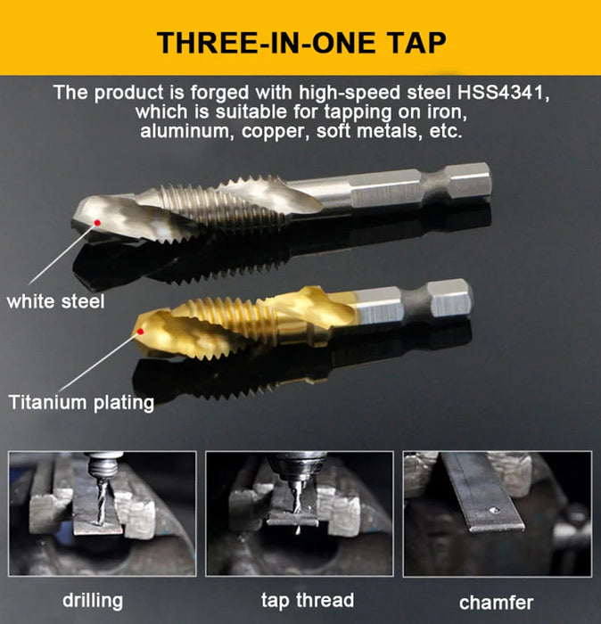 1/6Pcs Tap Drill Bit Set Hex Shank Titanium Plated HSS Screw Thread Bit Screw Machine Compound Tap M3 M4 M5 M6 M8 M10 Hand Tools