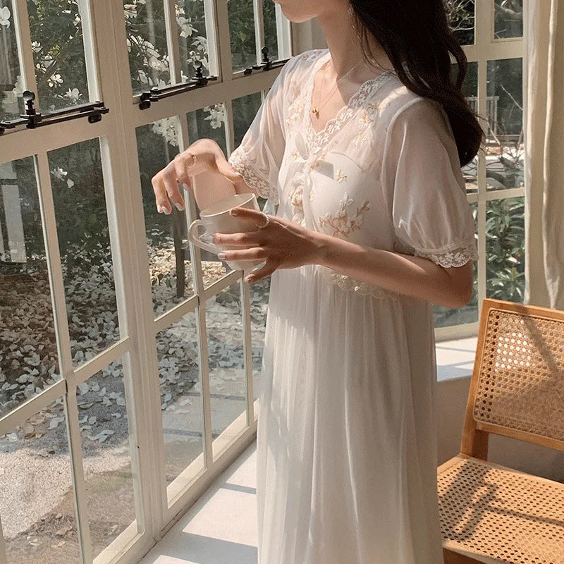 Lace Modal Mesh Summer Night Dress Woman Court Princess Nightdress Loungewear Sleepwear Women's Nightgowns Homewear Nightwear