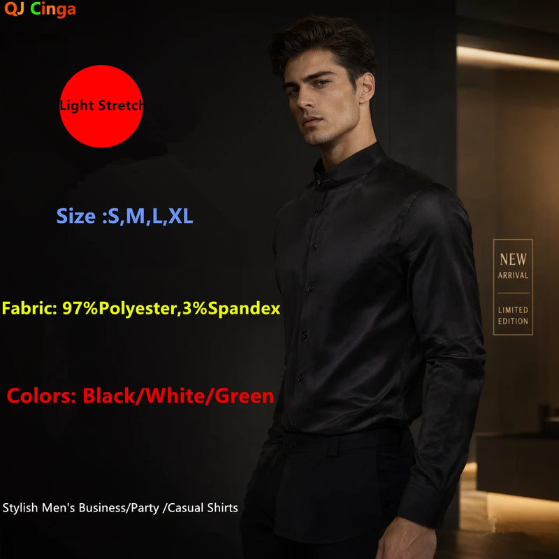 Male Black Stretch Long Sleeve Shirts/Men's High Quality Stand Collar Pure Slim Fit Business Shirt Red White Camisa Man Chemise
