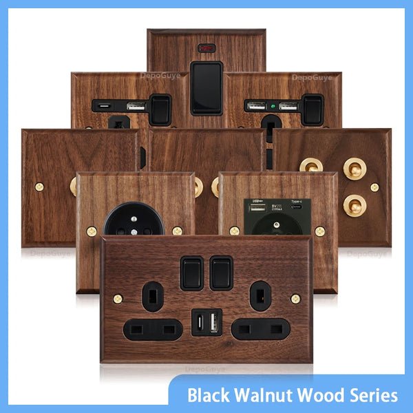 កុងតាក់ភ្លើងបិទបើកឈើ Walnut ខ្មៅ, បន្ទះលង្ហិនបែបបុរាណសម្រាប់គេហដ្ឋាន, FR UK រន្ធដោតអគ្គិសនីជញ្ជាំង USB ពីរជាសកល