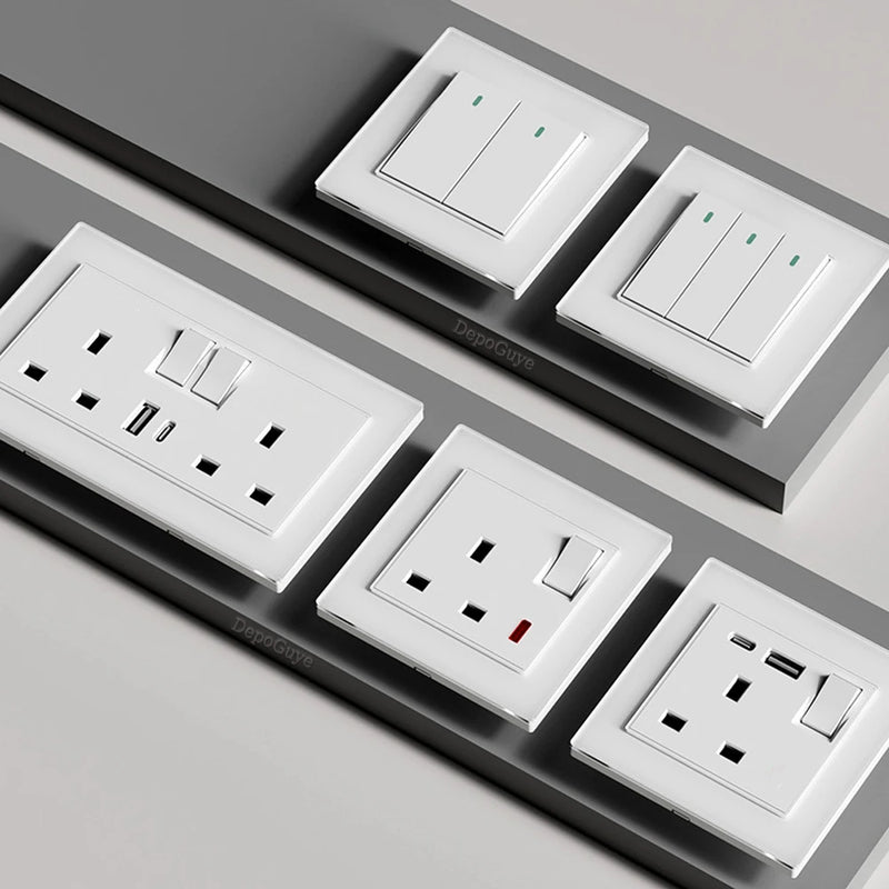 White Universal UK 13A Socket with USB Type-C 18W Fast Charging Wall Socket,Tempered Glass Button Light Switch,Dual 3pin Socket