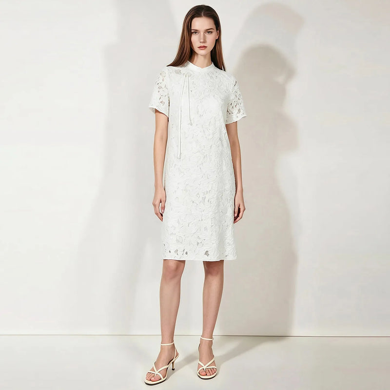 Amii Women's Dress 2026 Summer New Chinese Style Stand Collar Side Button Loose Short Sleeve Elegant Women's Dresses 12642160