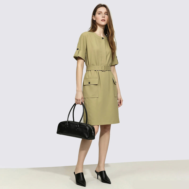 Amii Women's Dress 2026 Summer Round Neck Dolman Sleeve Belted Wrinkle-Resistant Loose Fit Casual Mini Dress For Women 12652039