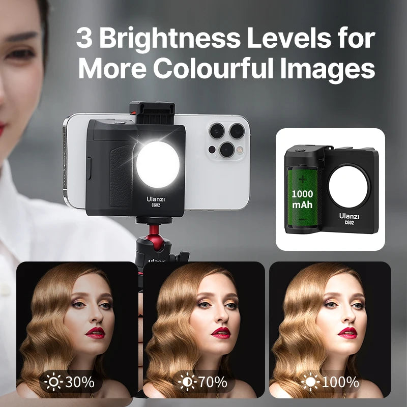 ដៃកាន់ថតរូប Selfie ស្មាតហ្វូន Ulanzi CG02 ឥតខ្សែ ប៊្លូធូស ជាមួយពន្លឺបំពេញ 5500k ជាឧបករណ៍រក្សាលំនឹងរូបថតកាមេរ៉ា