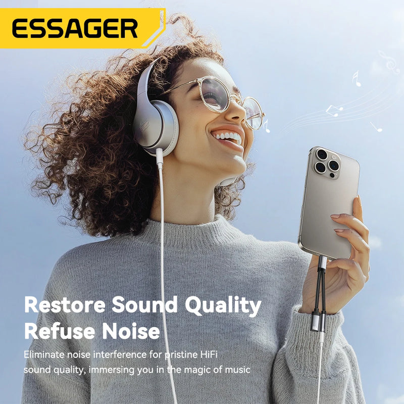 Essager 2 in 1 Type C to 3.5mm AUX Cable Headphone Adapter PD 60W សាកថ្មលឿនសម្រាប់ iPhone 16 15 Samsung Xiaomi 14 13 Tablet PC