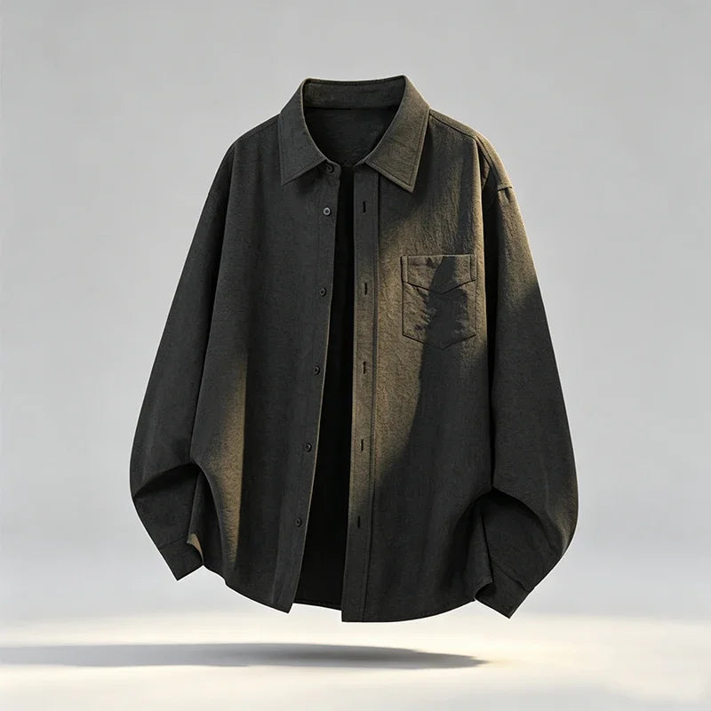Mens Basic Solid Button Up Shirt Long Sleeve Turn Down Collar Chest Pocket Loose Cut Daily Casual Shirt