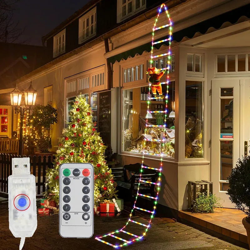 LED Christmas Decor Lights Ladder Light String with Santa Climbing Claus Xmas Hanging Ornaments for Party with 8 Lighting Modes