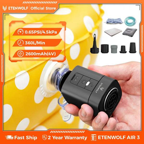 ETENWOLF AIR 3 ស្នប់ខ្យល់ខ្នាតតូចឥតខ្សែ ឧបករណ៍បំប៉ោង និងឧបករណ៍បន្ថយសម្ពាធ ស្នប់ចល័តសម្រាប់អណ្តែតទឹកក្នុងអាង ថង់បូមធូលីជាមួយក្បាលបាញ់ ភ្លើងសម្រាប់បោះតង់