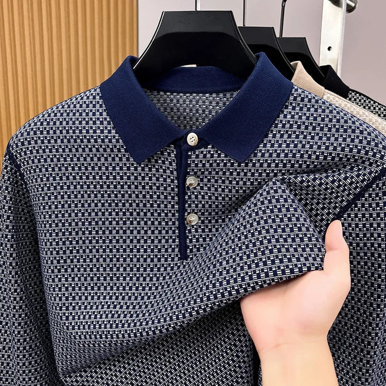 Men's 100% Cotton Long Sleeve Polo Shirt Classic Houndstooth Pattern Invisible Placket Casual Top
