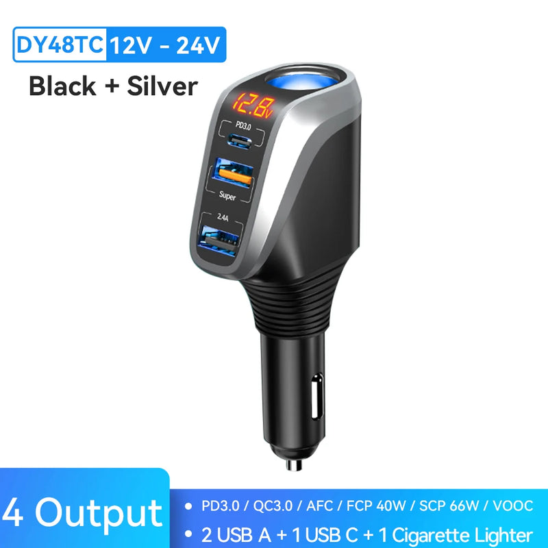 ឆ្នាំងសាករថយន្ត USB 100W សាកលឿន QC3.0 QC4.0 PD3.0 SCP 4 ក្នុង 1 សាកថ្មលឿនសម្រាប់រថយន្ត iPhone 12 13 Xiaomi Huawei Samsung