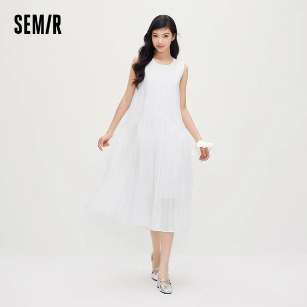 រ៉ូបស្ត្រី Semir ធ្វើពីក្រណាត់ Jacquard Linen កប្បាស អាវយឺតខ្លី រចនាប័ទ្មវិស្សមកាលរបស់ក្មេងស្រី អាវធំពណ៌ស Maxi ឆ្នាំ ២០២៦ រដូវក្តៅ