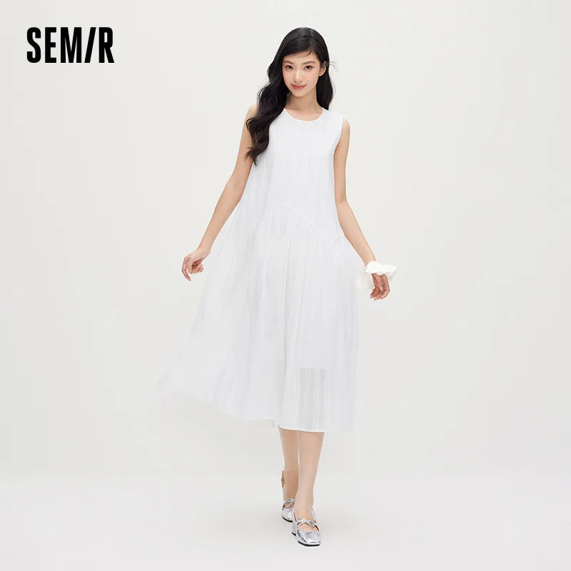 Semir Women Dress Jacquard Linen Cotton Tank Dress Girlish Vacation Style White Maxi 2026 Summer Top
