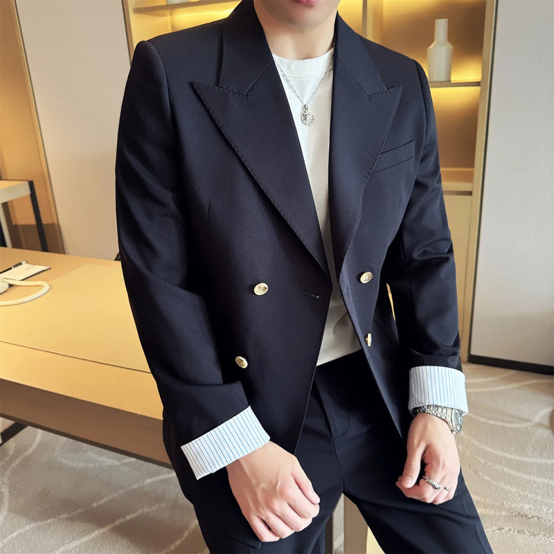 Men's Fashionable Thin Suit Jacket,  Fake Two-Piece Design, Cuffed Sleeves with Striped Turn-ups~ Trendy