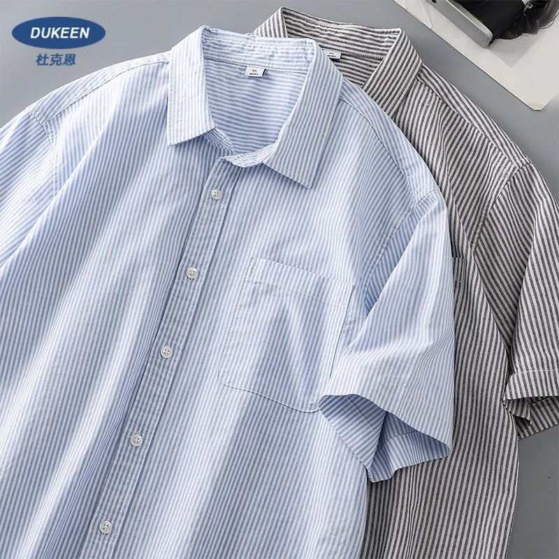 DUKEEN Men's Casual Tops Striped Shirt Loose Tops Cotton Short-Sleeved Spring and Summer T-Shirt Handsome Men's Shirt