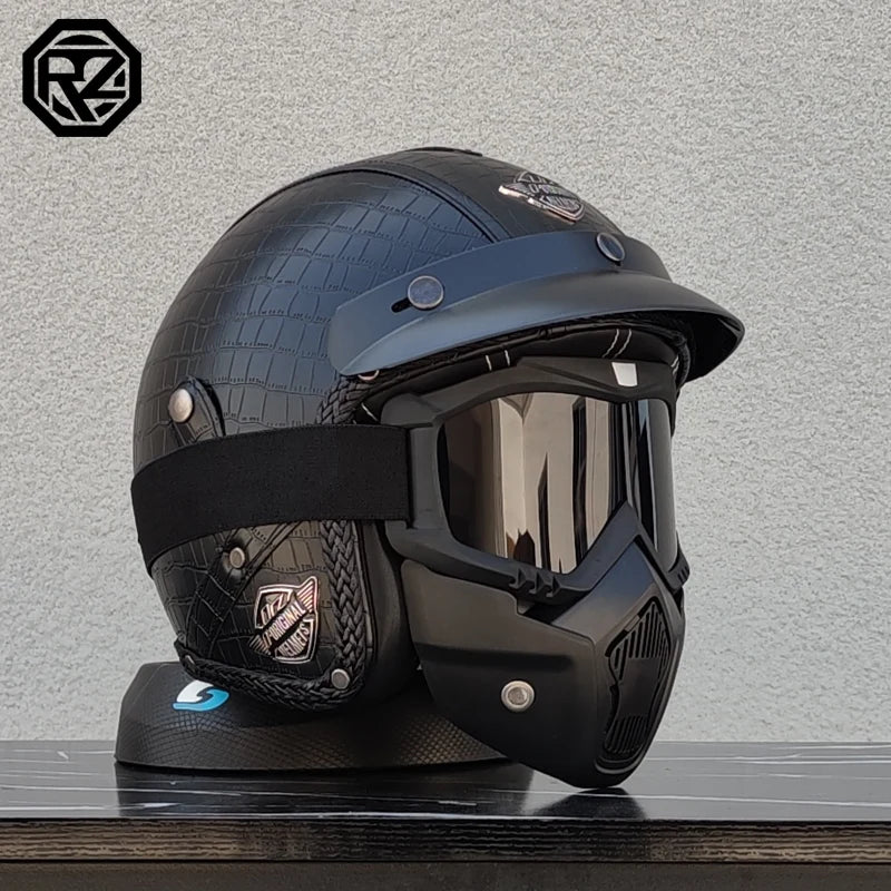 Vintage Leather 3/4 Jet Motorcycle Helmet, Handmade Leather Surface Adult Scooter Cruiser Riding Helmet Casque Moto